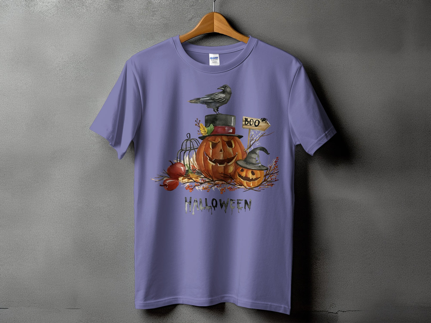 Purple t-shirt with Halloween pumpkins, raven, and "Halloween" text graphic.