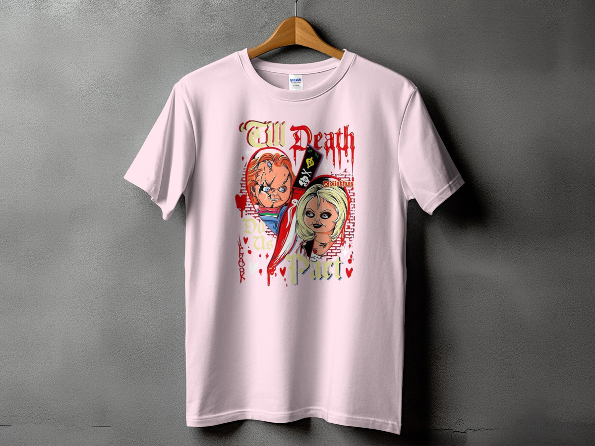 Light pink t-shirt with Chucky and Tiffany dolls, text "Till Death Do Us Part".