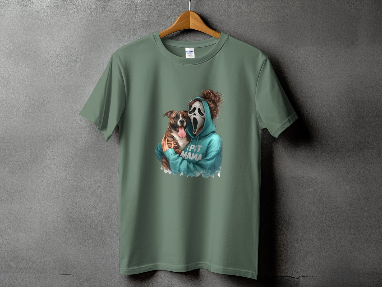 T-shirt with graphic of person in ghost mask holding pit bull, text "PIT MAMA".
