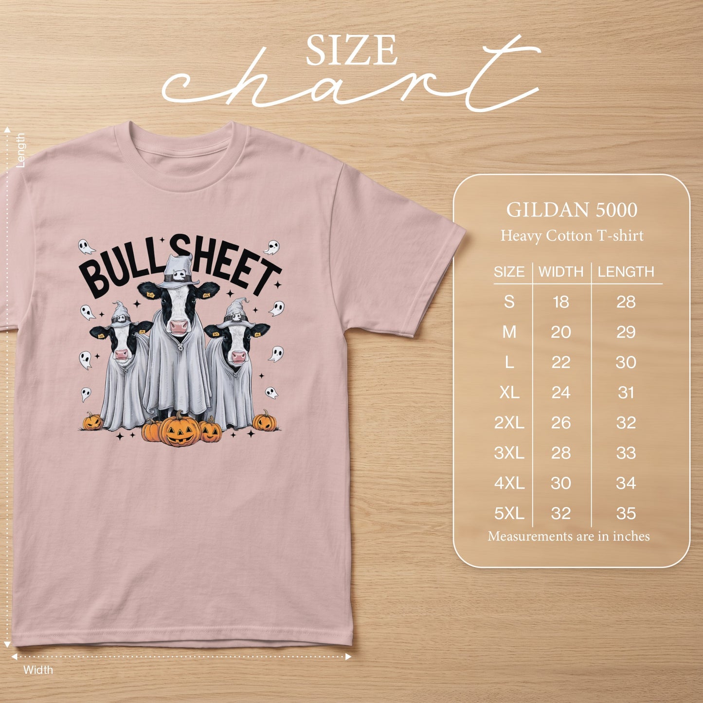 Pink t-shirt with Halloween cows dressed as ghosts and "Bull Sheet" text. Includes size chart.
