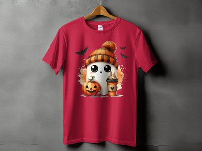 Red t-shirt with a Halloween ghost, pumpkin, coffee cup, and bats design.