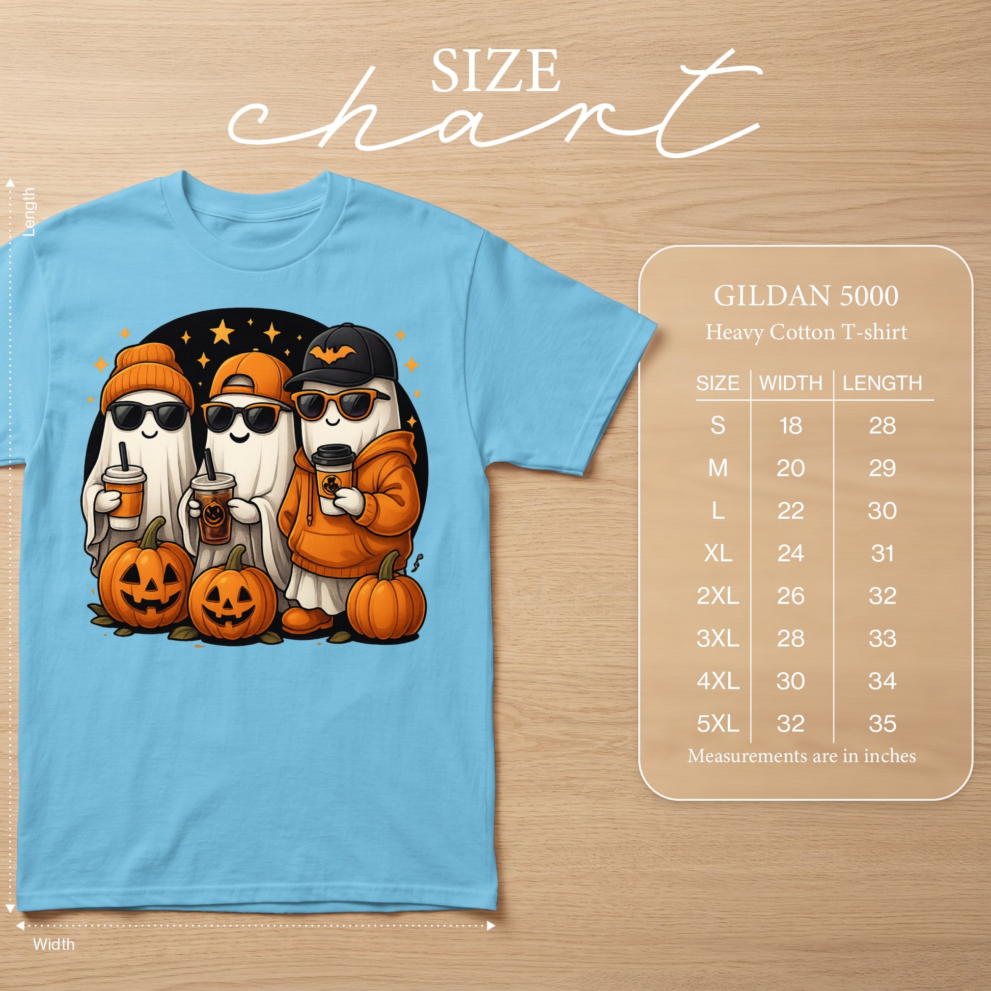 Three cartoon ghosts with pumpkins and coffee cups, GILDAN 5000 size chart.