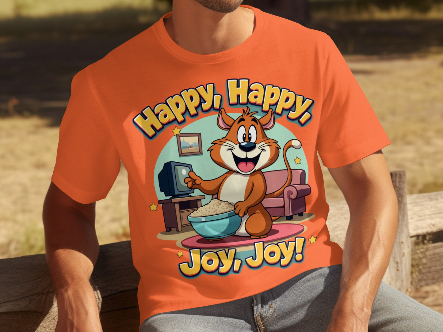 Happy Happy Joy Joy Cartoon Cat Eating Popcorn Shirt