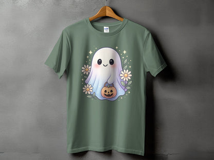 Green t-shirt with a cute ghost holding a pumpkin surrounded by flowers.
