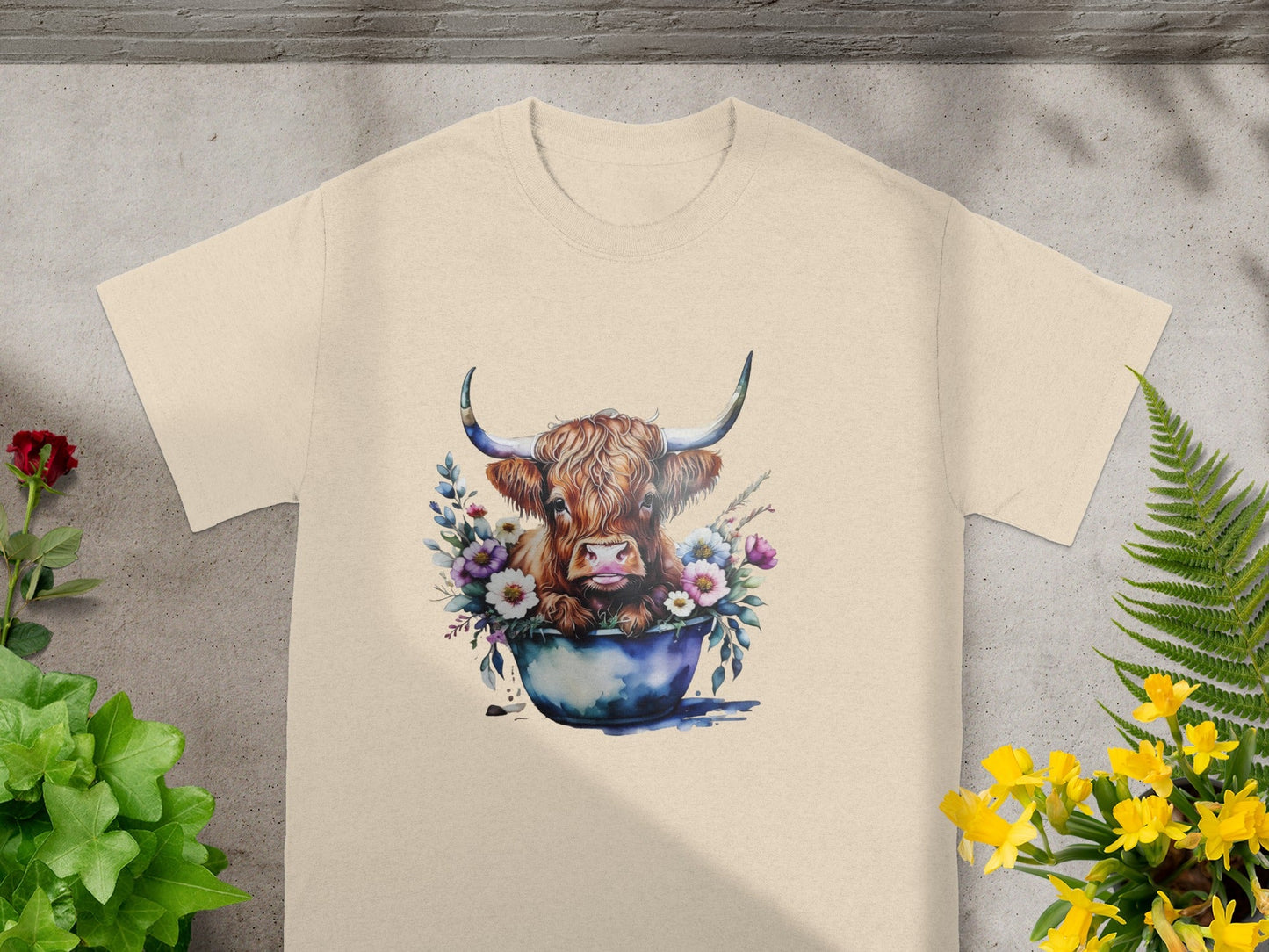 Highland Cow Floral Design Graphic Tee Shirt