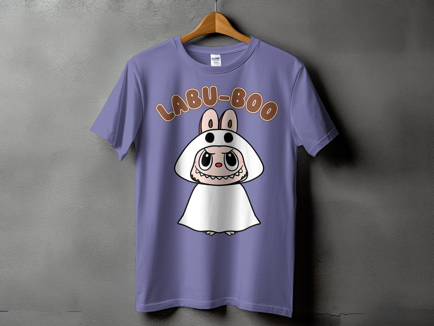 Purple t-shirt with a cartoon character and "LABU-BOO" text.