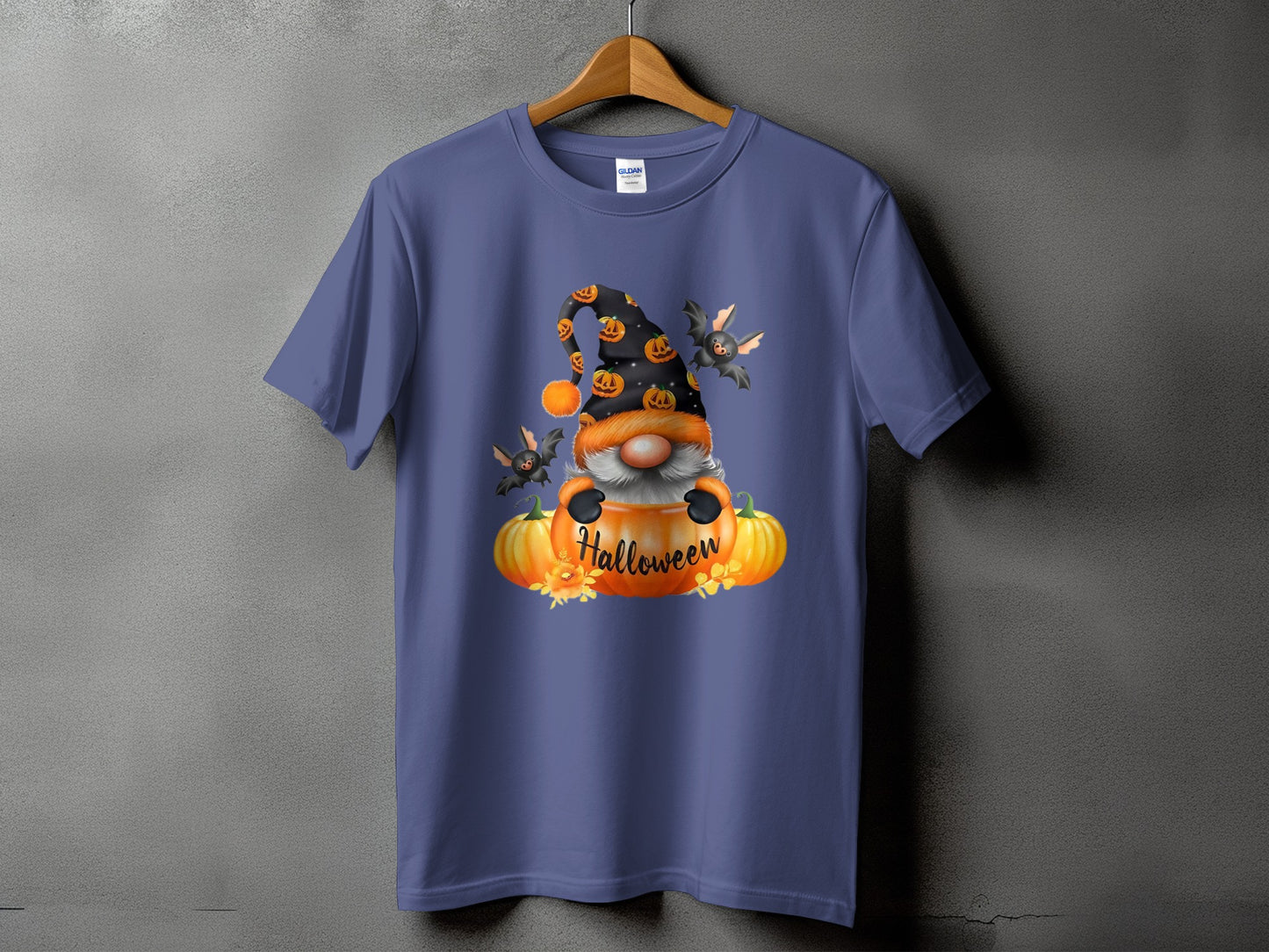 Purple t-shirt with a Halloween gnome and bats graphic, featuring pumpkins and text.