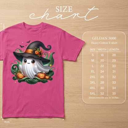 Pink t-shirt with a cute ghost wearing a witch hat and pumpkins, accompanied by a Gildan 5000 size chart.