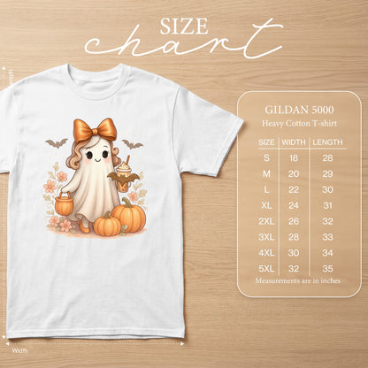 White Gildan 5000 t-shirt with a ghost and pumpkins graphic and a size chart.