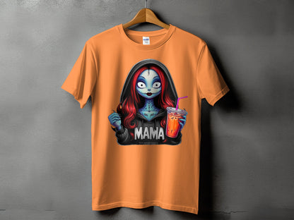 Orange t-shirt with a graphic of a Sally-like character holding a drink with "MAMA" text.