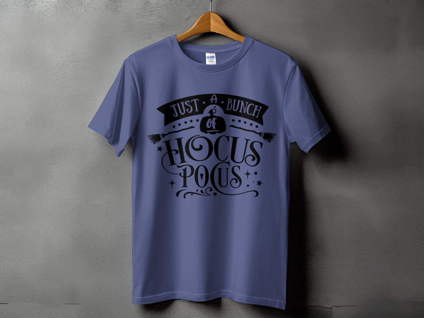 Purple t-shirt with "Just A Bunch of Hocus Pocus" text design.