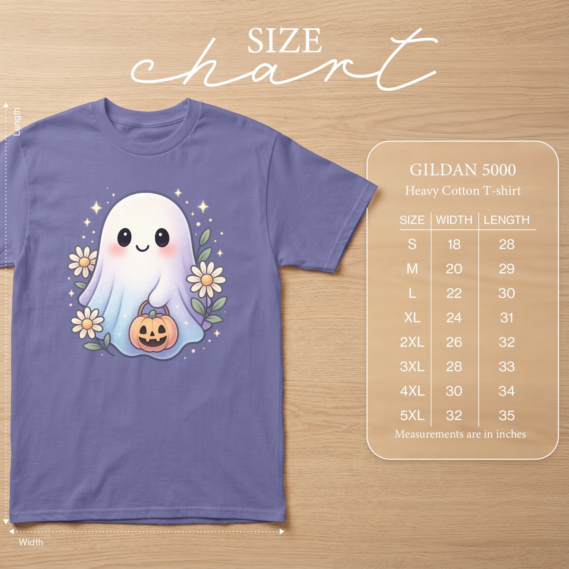 Purple t-shirt with cute ghost, flowers, pumpkin, and stars graphic; size chart included.