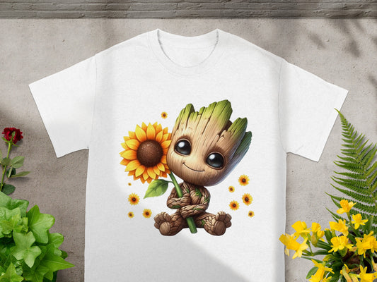 Baby Groot holding a sunflower on a white t-shirt.