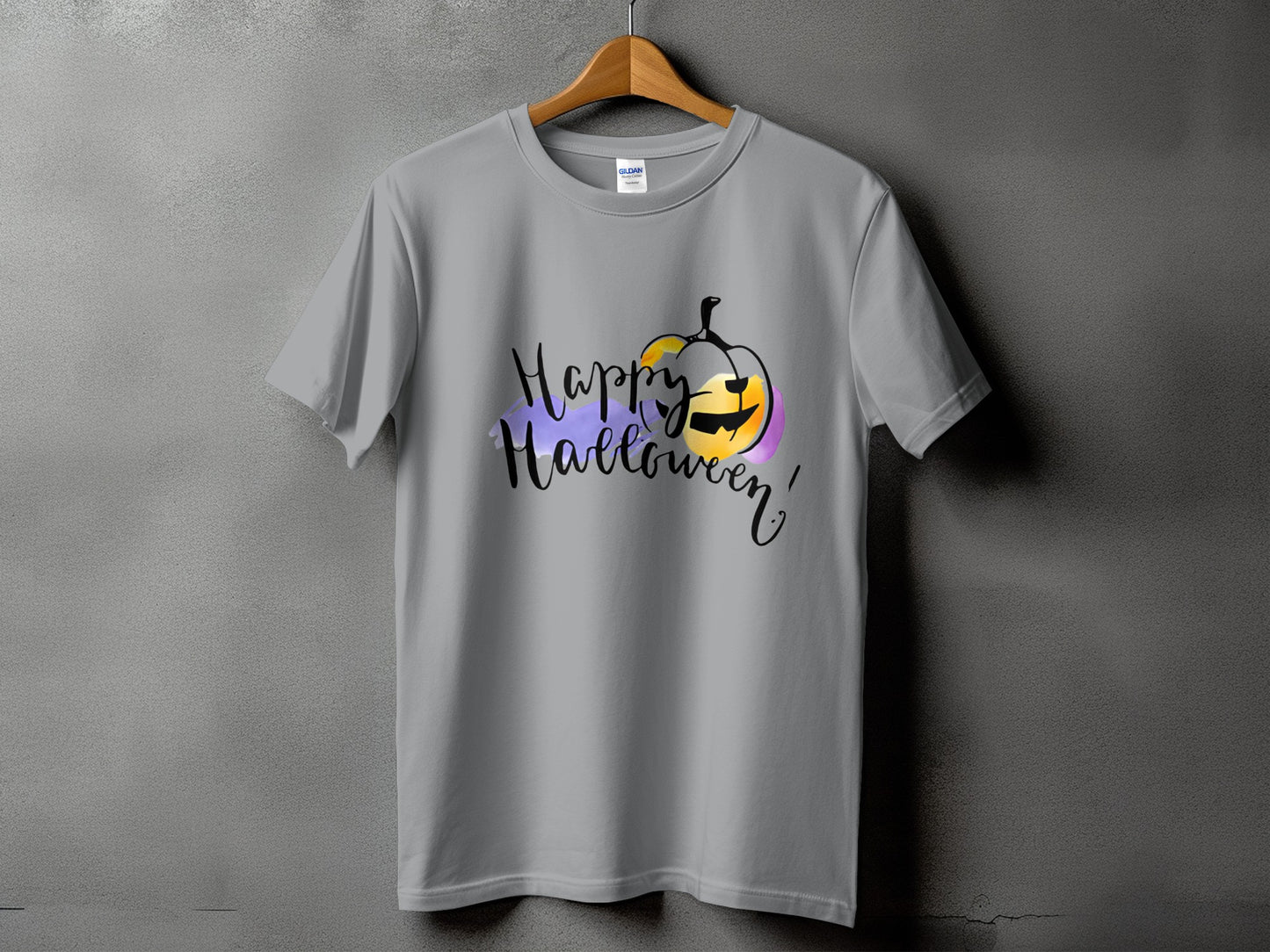 Grey t-shirt with "Happy Halloween" text and a graphic pumpkin.