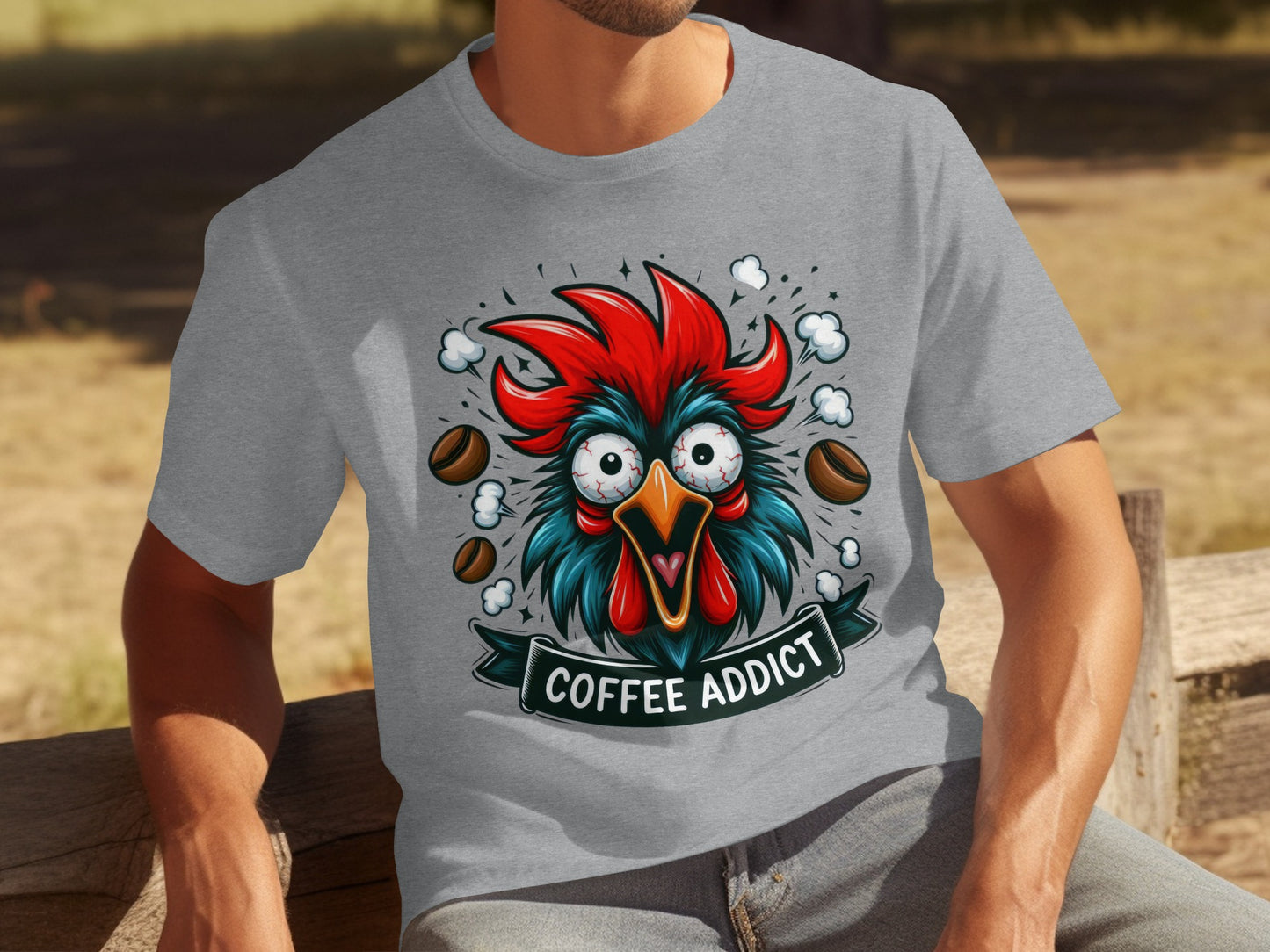 Coffee Addict Funny Rooster Graphic T-shirt