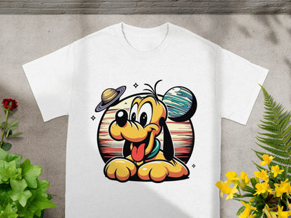 Pluto the dog with planets in a retro cartoon style on a white t-shirt.