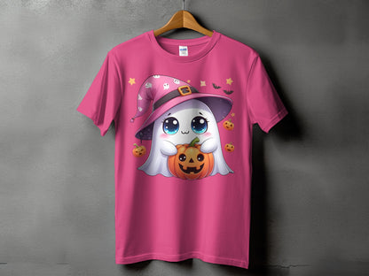 Pink t-shirt with a cartoon ghost wearing a witch hat and holding a jack-o'-lantern.