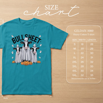 Teal t-shirt with "Bull Sheet" text and cows in ghost costumes, with a size chart.