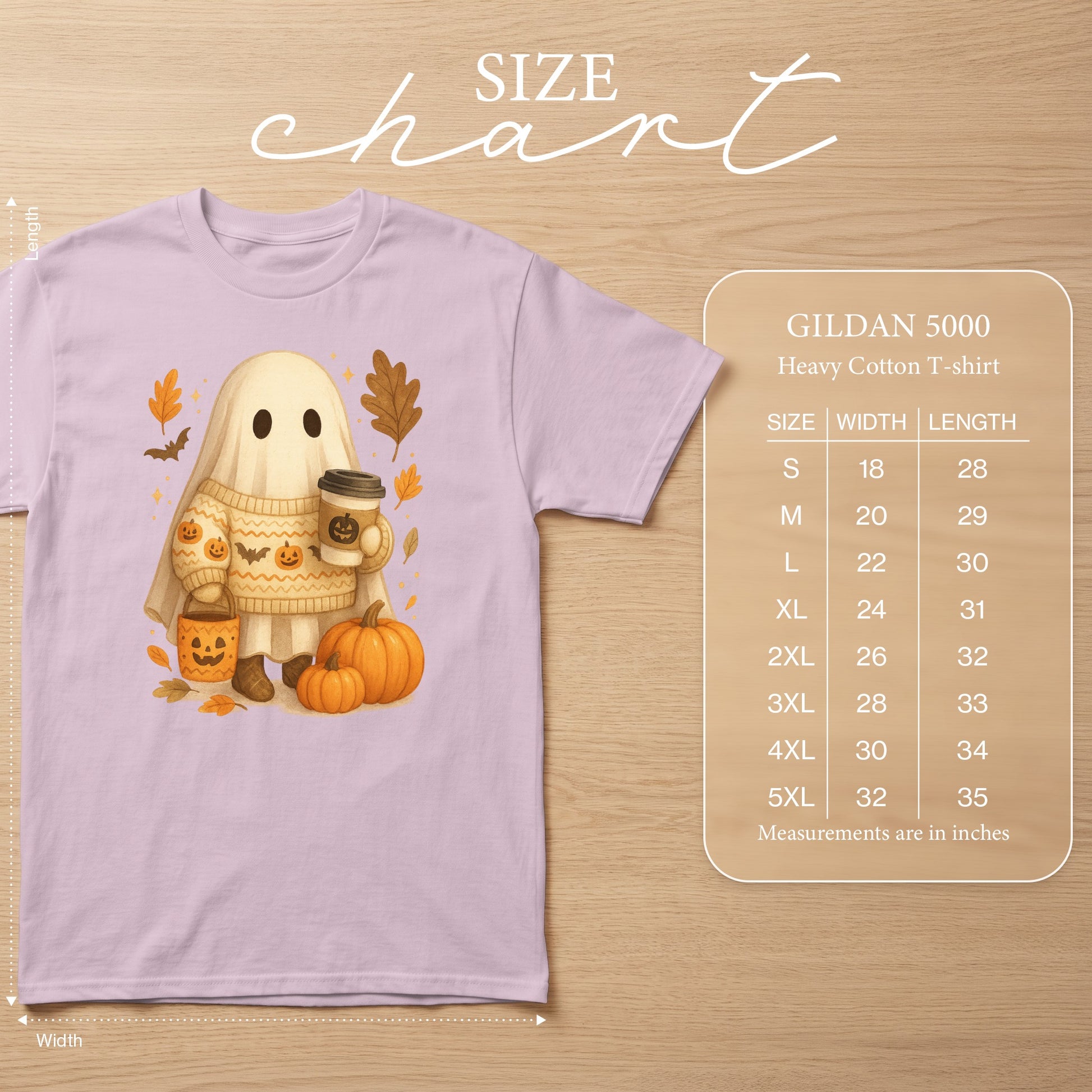 Ghost graphic Gildan 5000 heavy cotton t-shirt size chart with width and length measurements.