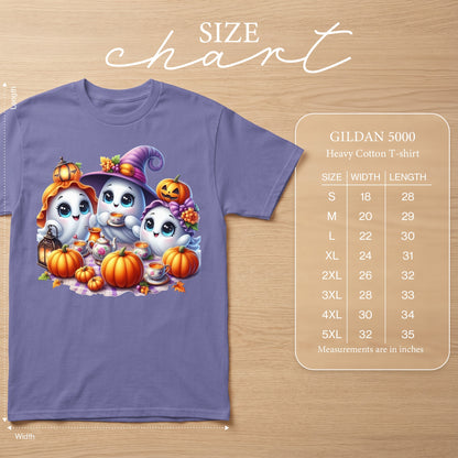Purple t-shirt with cartoon ghosts, pumpkins, and tea set; Gildan 5000 size chart.