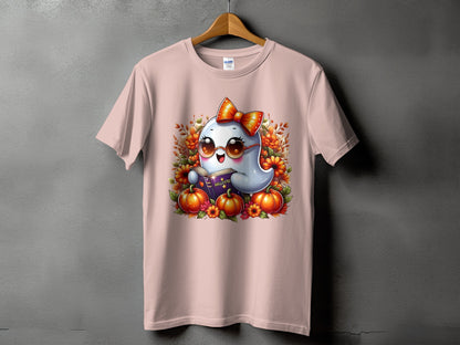 Pink t-shirt with cartoon ghost reading a book surrounded by pumpkins and flowers.