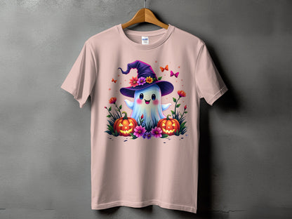 Pink t-shirt with a cute ghost wearing a witch hat, pumpkins, and flowers.