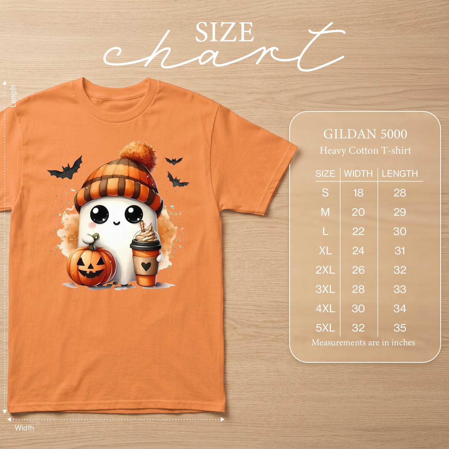 Orange t-shirt with ghost, pumpkin, coffee, and bats graphic and Gildan 5000 size chart.