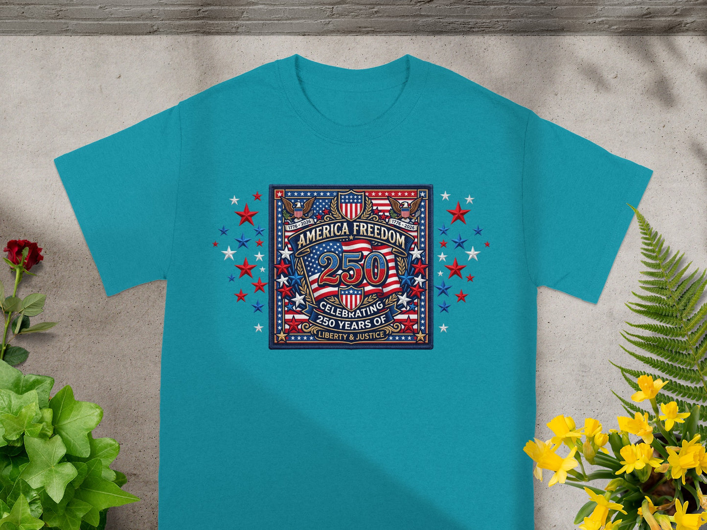 Blue t-shirt with "America Freedom 250 Years of Liberty & Justice" graphic.