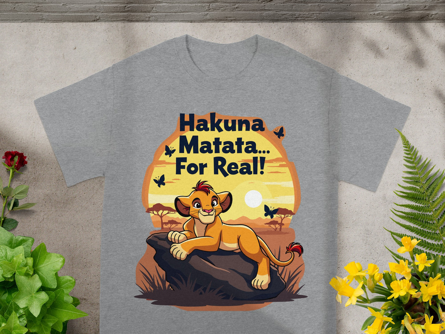Grey t-shirt with The Lion King's Simba and "Hakuna Matata... For Real!" text.