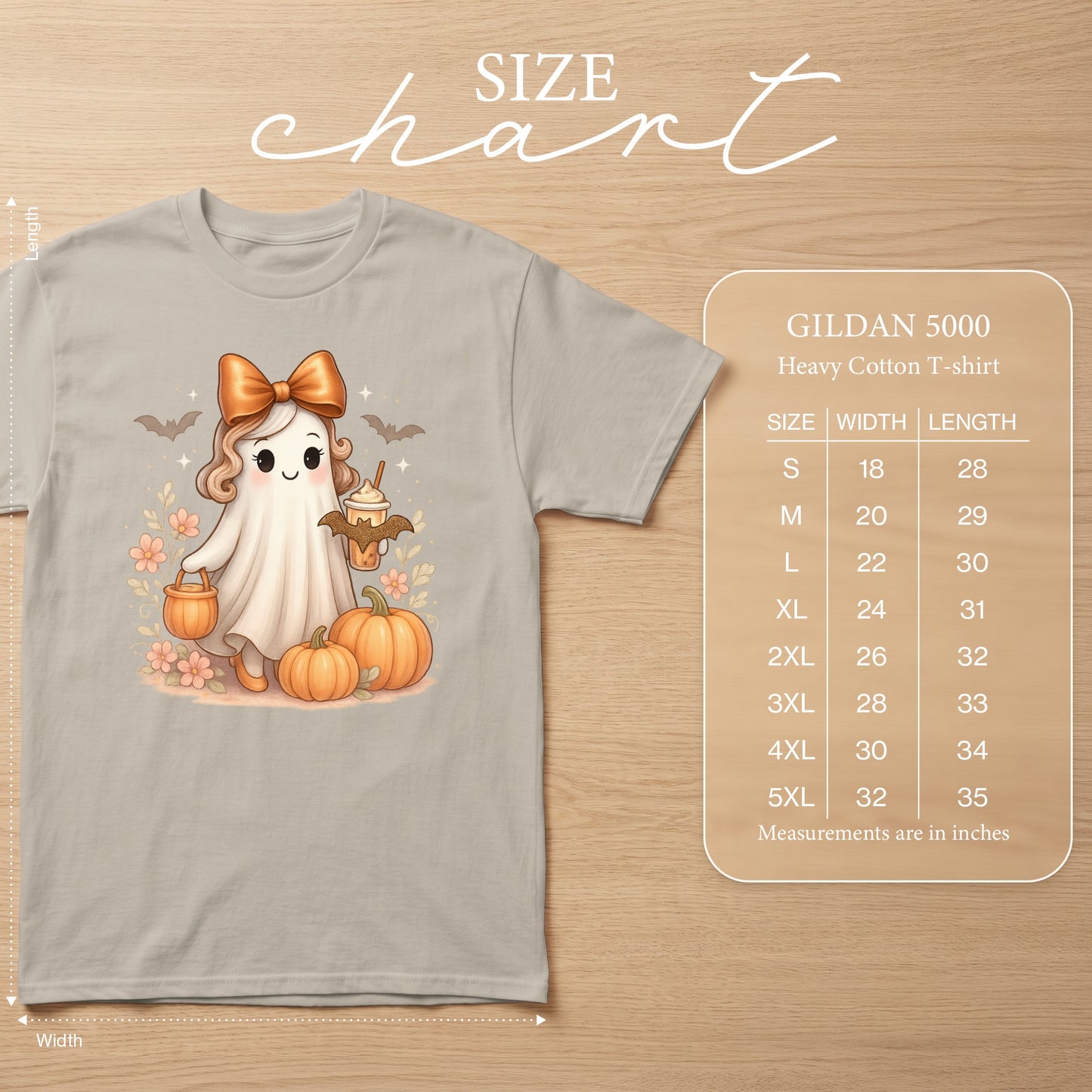 Light gray t-shirt with cute ghost graphic and Gildan 5000 size chart.