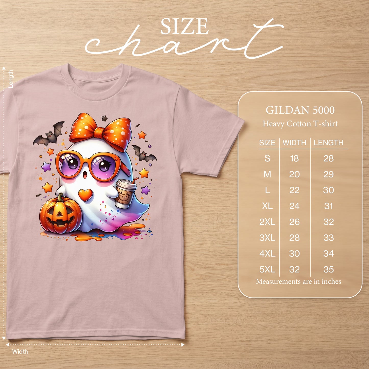 Pink t-shirt with cute ghost, pumpkin, and bats graphic, includes Gildan 5000 size chart.