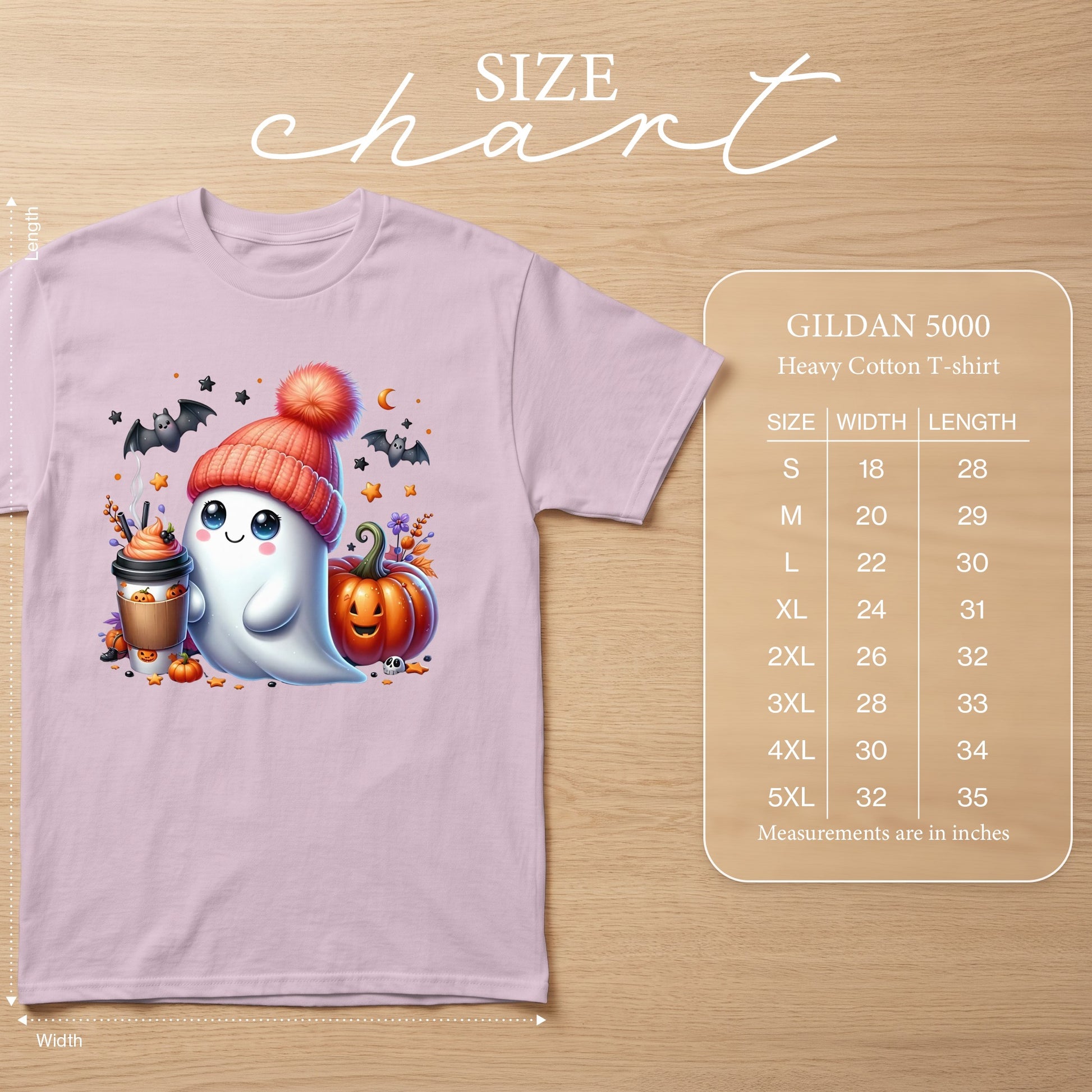 Gildan 5000 Heavy Cotton T-shirt size chart with cute ghost and pumpkin graphic.