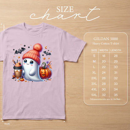 Gildan 5000 Heavy Cotton T-shirt size chart with cute ghost and pumpkin graphic.