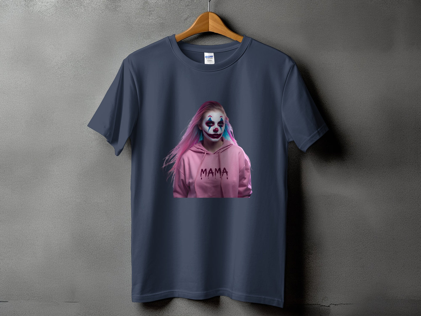 Dark blue t-shirt with a printed image of a person with clown makeup and pink hair.