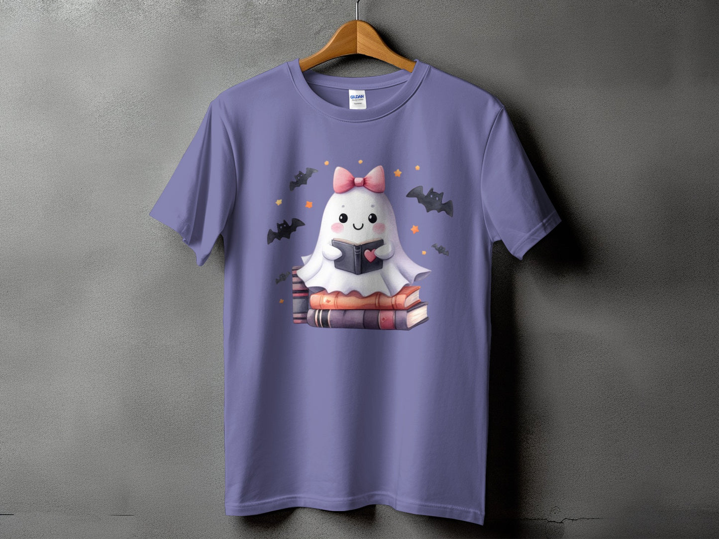 Cute ghost with pink bow reading a book on stacked books, surrounded by bats and stars.