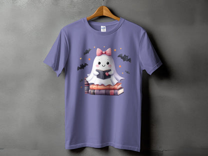 Cute ghost with pink bow reading a book on stacked books, surrounded by bats and stars.