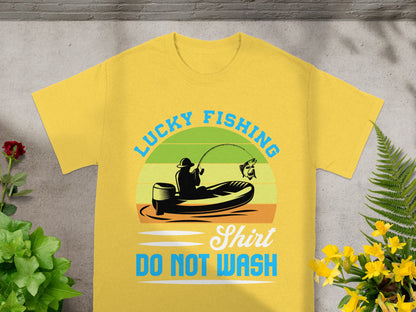 Yellow shirt with graphic of fishing, boat, and text: "Lucky Fishing Shirt DO NOT WASH".