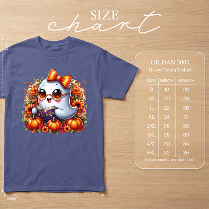 Purple Gildan 5000 t-shirt with Halloween ghost graphic and size chart.