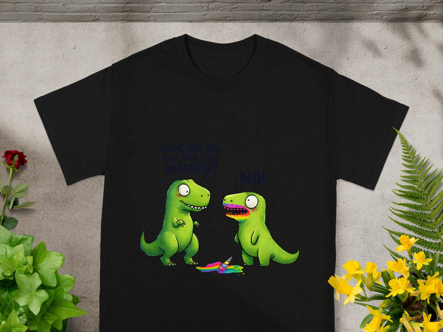 Two cartoon dinosaurs with text above: "DUDE, DID YOU EAT THE LAST UNICORN?" "NO!"