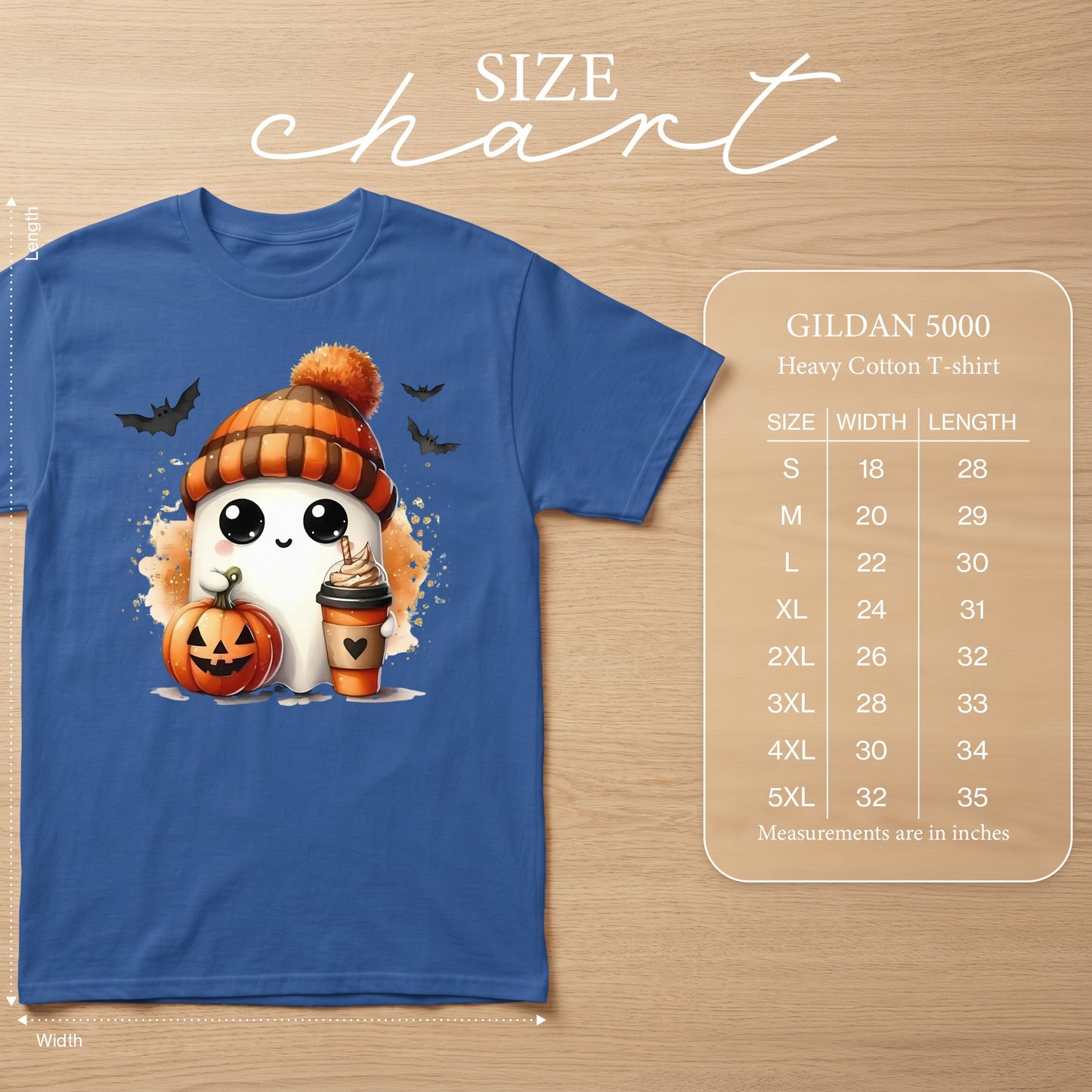 Ghost with pumpkin and coffee holding a pumpkin, on blue Gildan 5000 shirt.