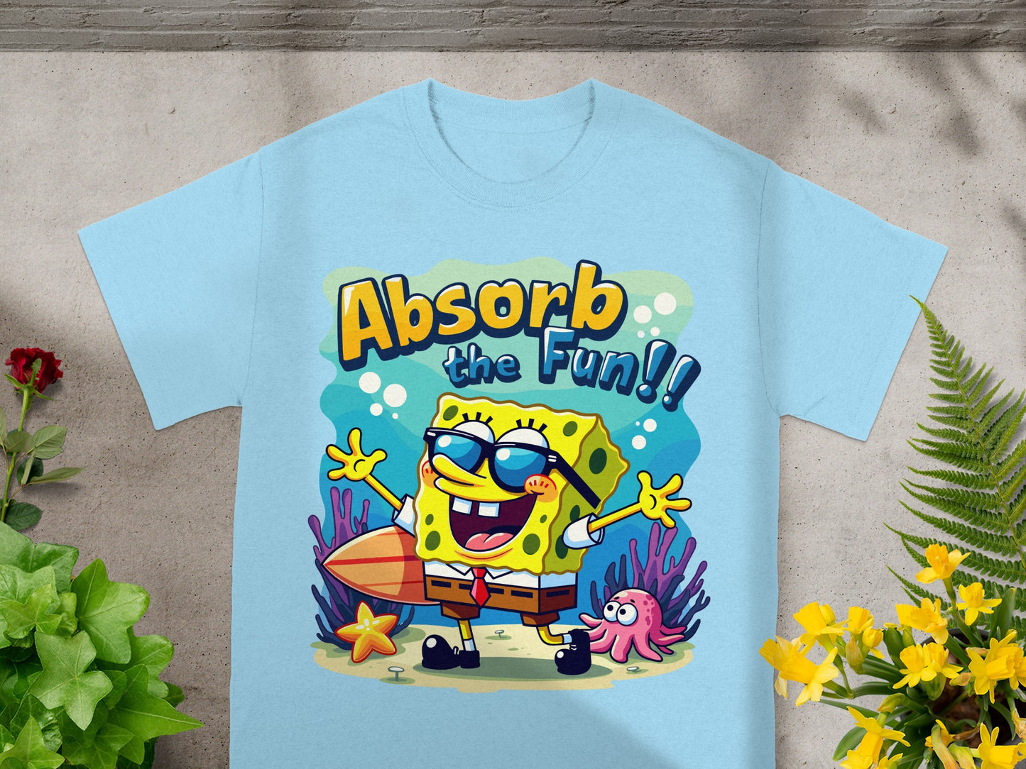 SpongeBob SquarePants wearing sunglasses holding surfboard with text "Absorb the Fun!!"
