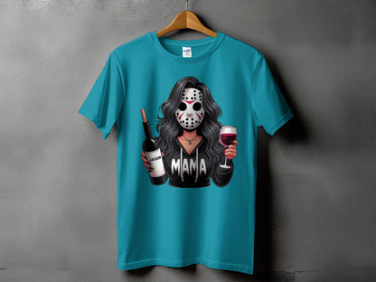 Graphic of woman in hockey mask holding wine bottle labeled "Jason" and glass with text "Mama".