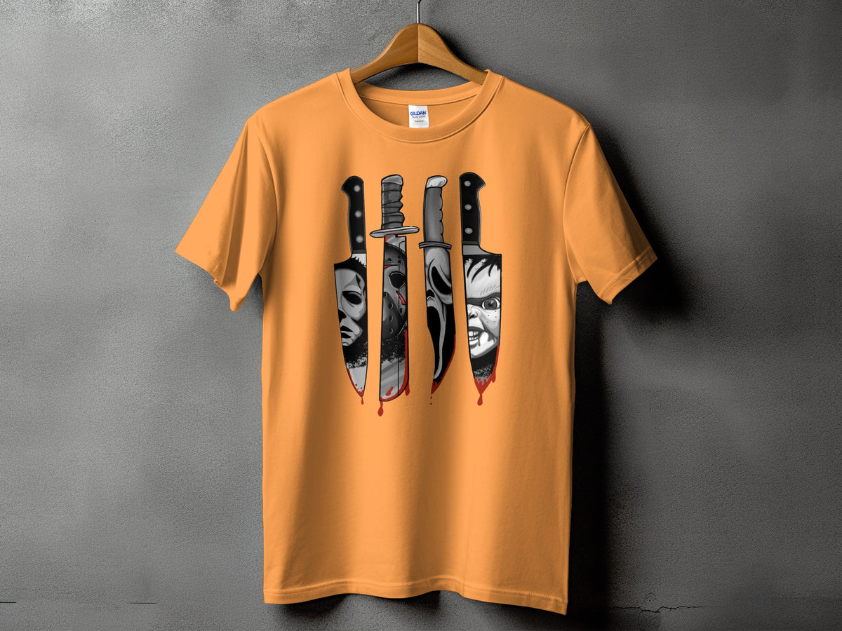 Orange t-shirt with horror movie characters on knives graphic.