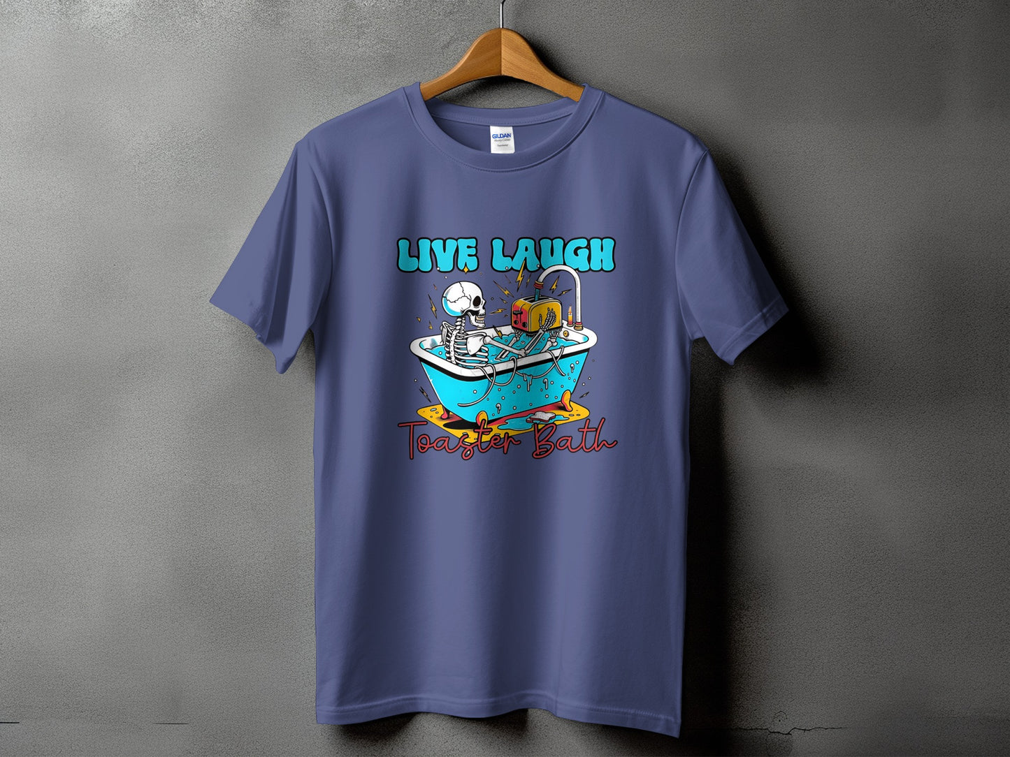 Skeleton in bathtub with toaster, text "LIVE LAUGH Toaster Bath".