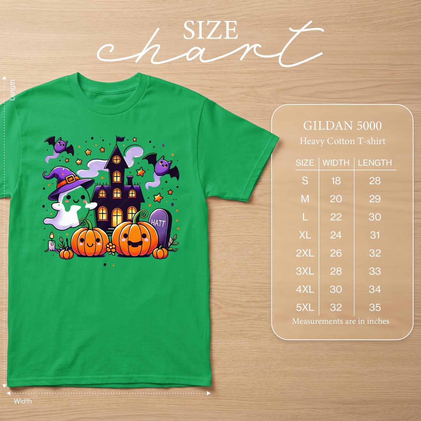 Green t-shirt with Halloween graphic, size chart, and measurements.