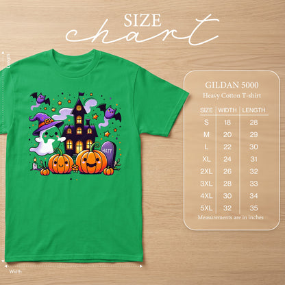 Green t-shirt with Halloween graphic, size chart, and measurements.