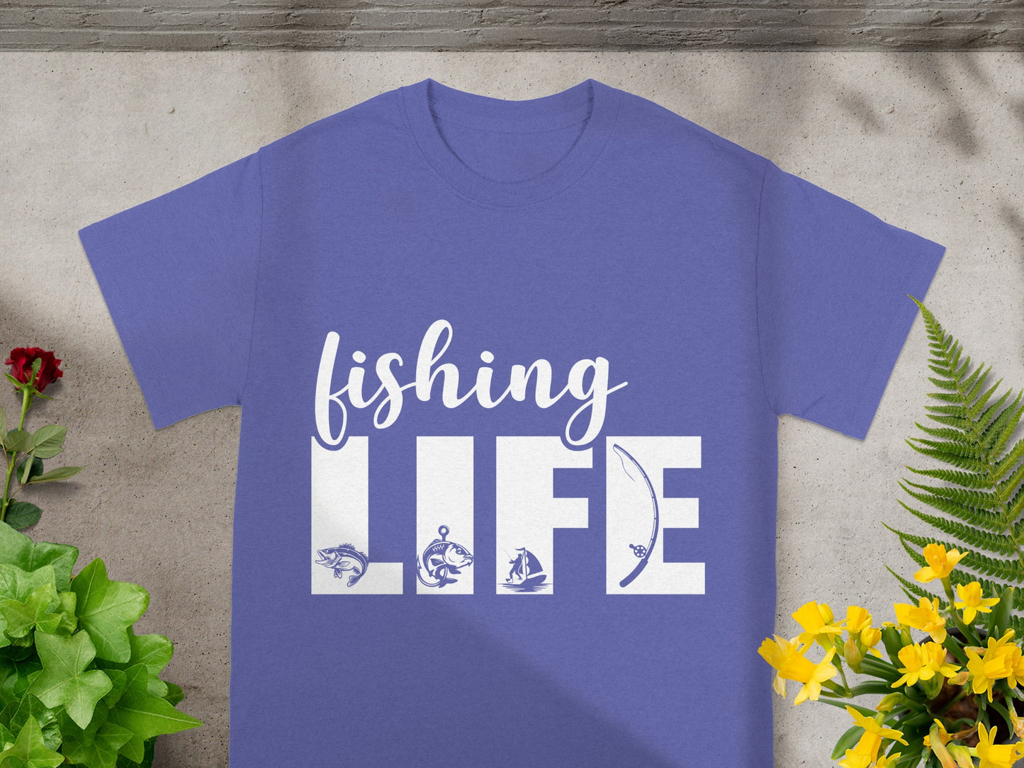 Purple t-shirt with white "fishing LIFE" text and fishing-themed graphics.