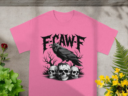 Pink T-Shirt with E-CAW-F Crow and Skulls Design