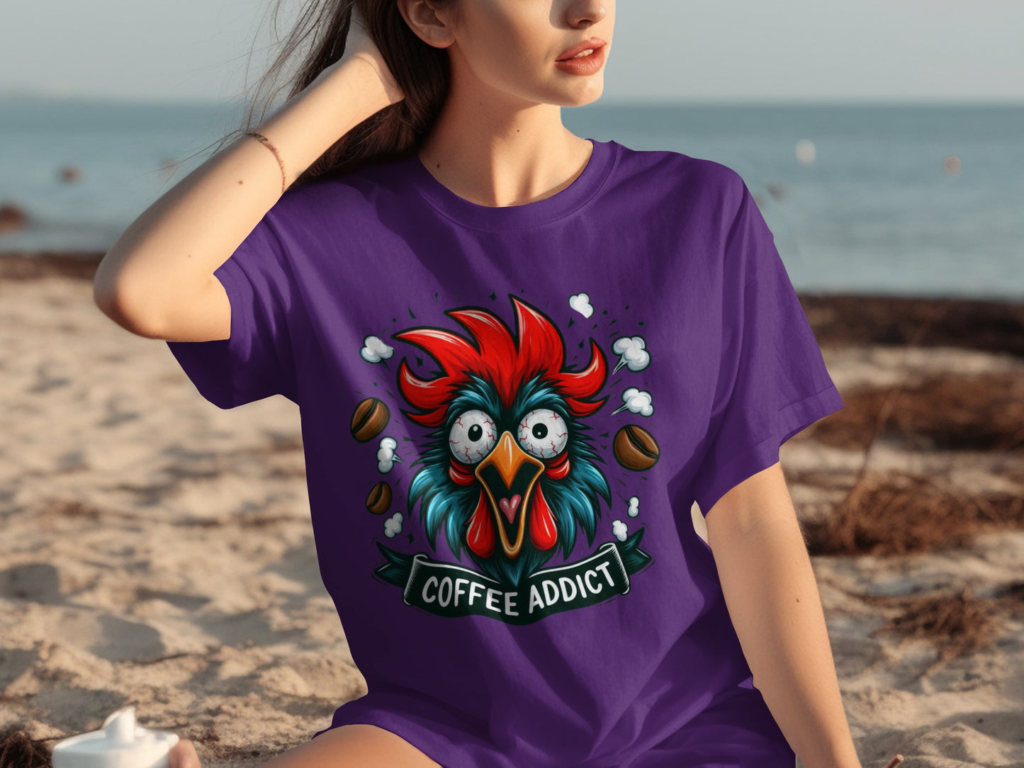 Funny Coffee Addict Rooster Graphic T-Shirt