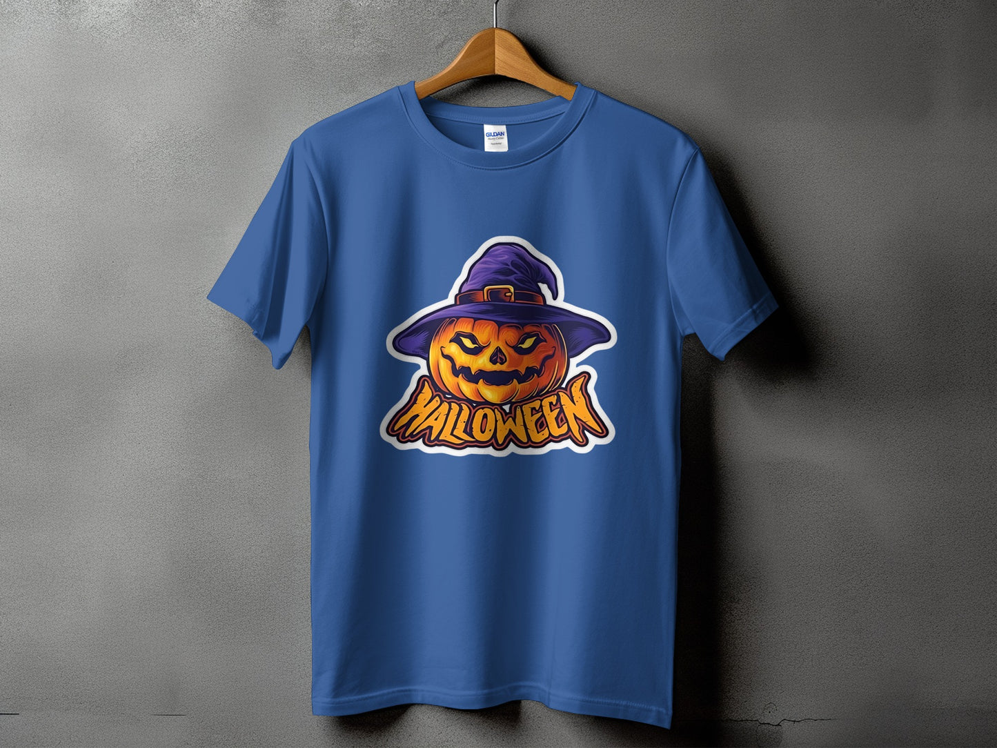 Blue t-shirt with a cartoon jack-o'-lantern wearing a witch's hat and "Halloween" text.